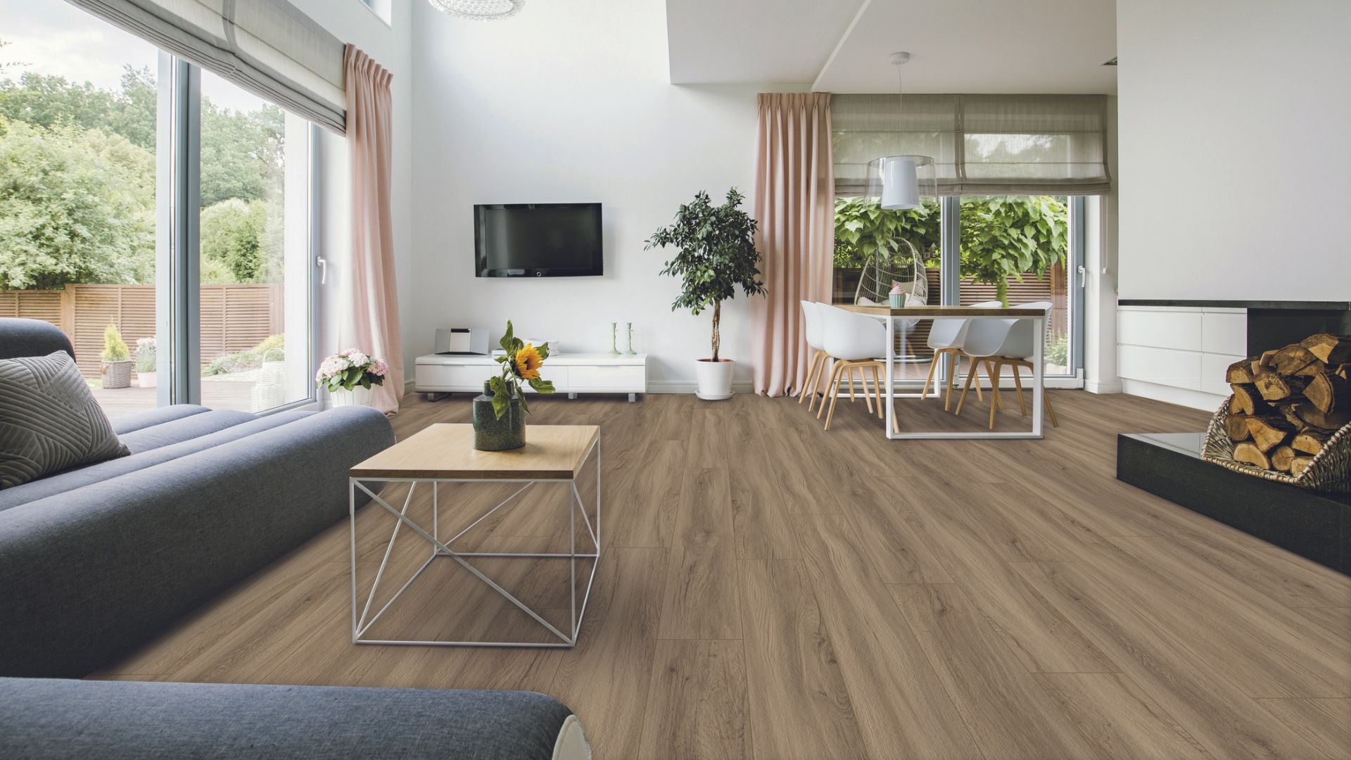 Laminate wood flooring in a living room. 